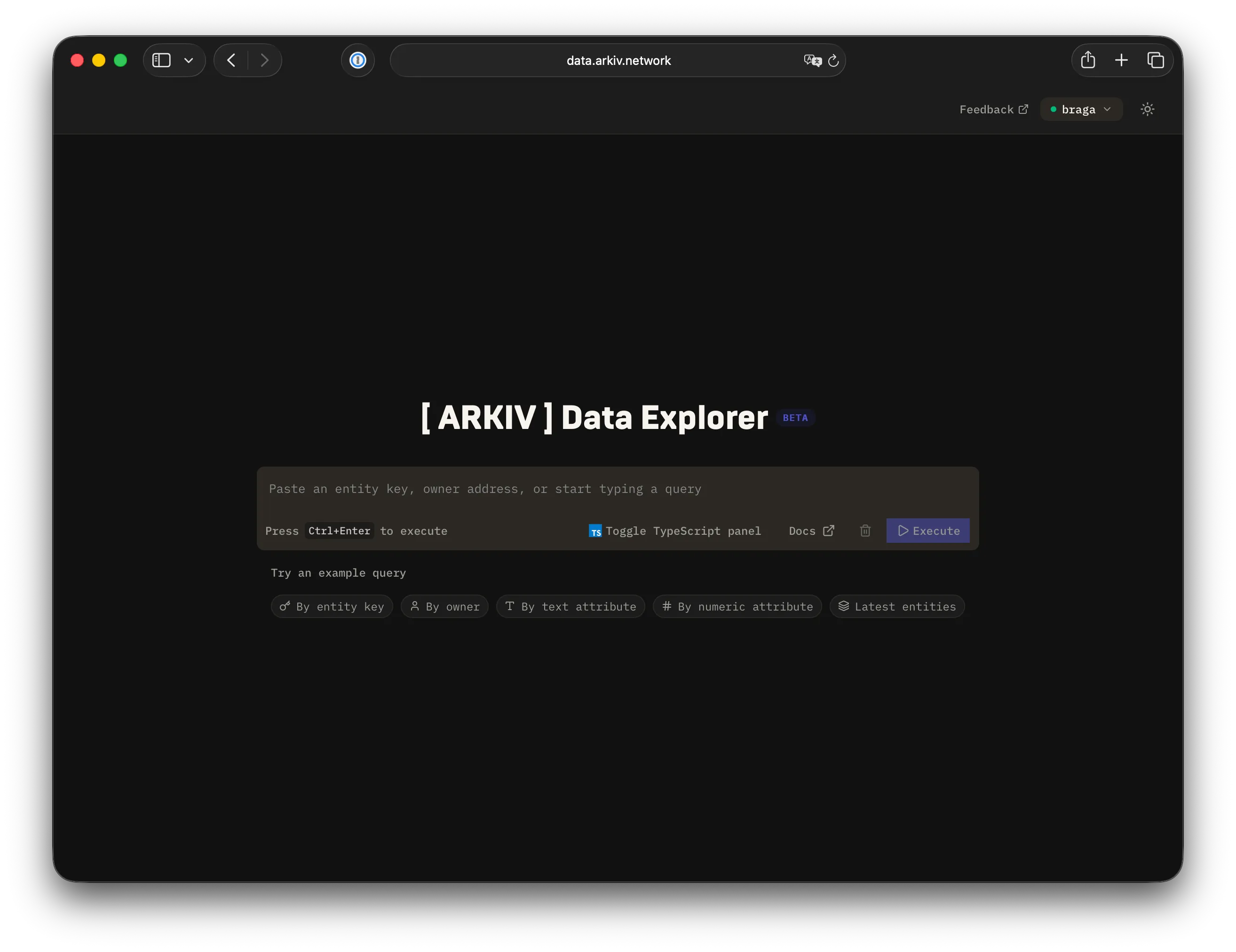 The Arkiv Data Explorer landing screen, with the query editor and example queries.